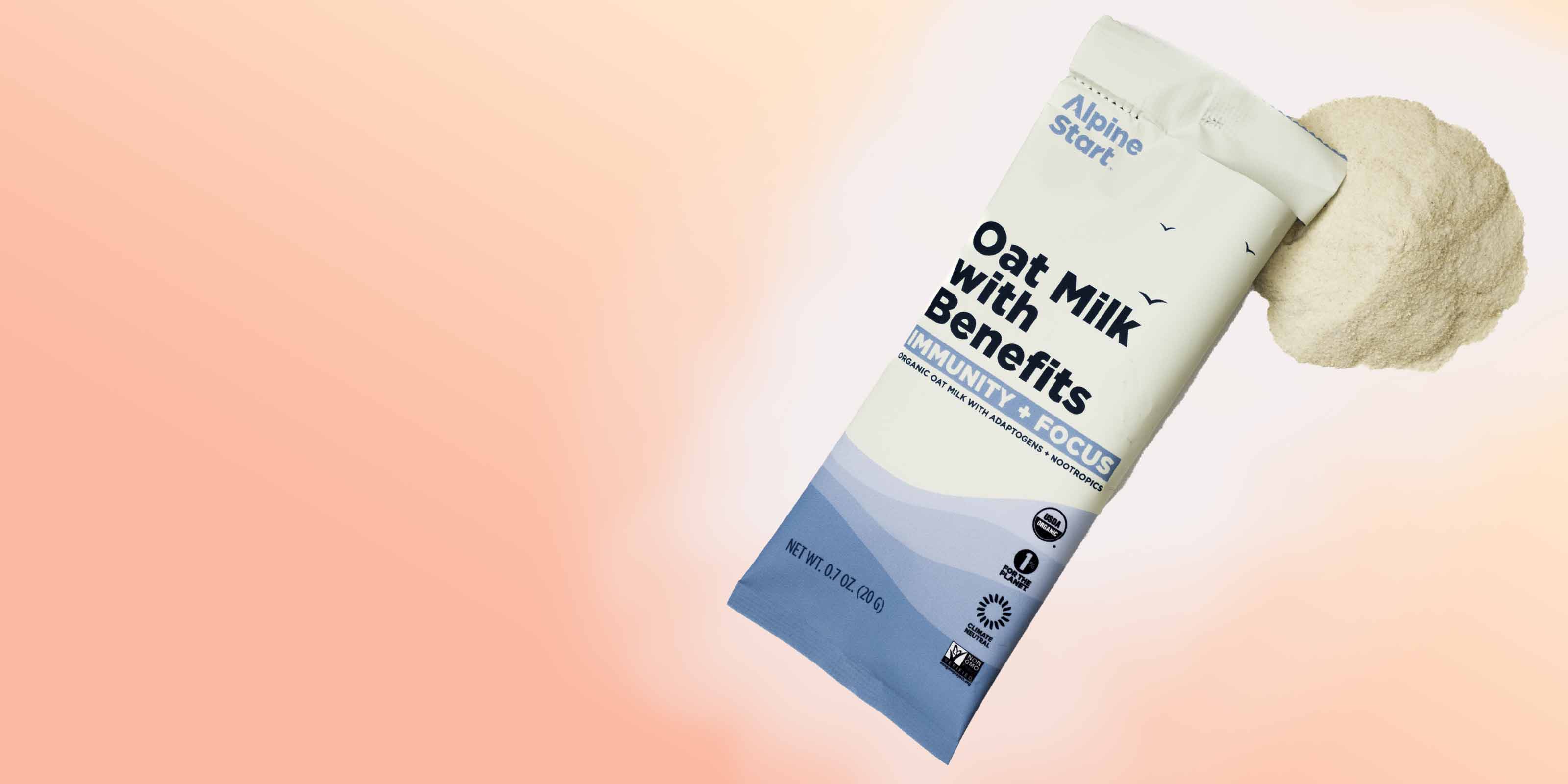 instant oatmilk with benefits stick with a white pile of oatmilk powder 